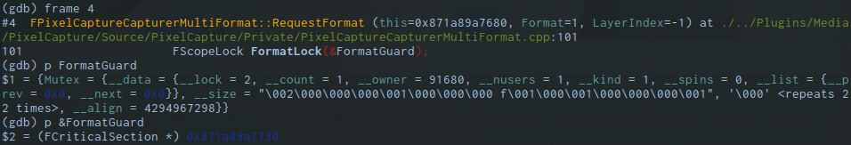 Viewing the member data of a mutex object like `FormatGuard` isn't often very helpful, it's much more useful to note down the mutex object's address so it can be compared to already acquired mutex locks on other threads.
