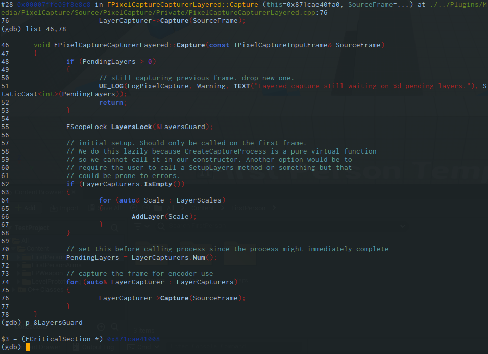 On the same thread as before but two-dozen frames down the stack, you can see this function has previously also acquired a lock on a mutex object named `LayersGuard`. Its address, plus that of the `FormatGuard` the thread is also attempting to lock at the top of the stack, correspond to the same two mutex objects also being contested by another thread, `EncoderQueue` in this case.