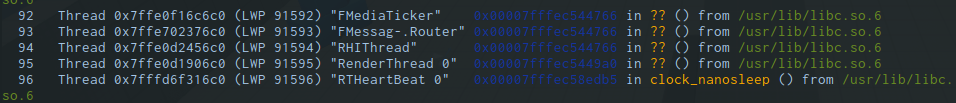 Rather than showing all 110+ threads running in a typical Unreal Engine application, here is the `RenderThread` most of the way down the list, sitting suspiciously on an anonymous instruction within libc.