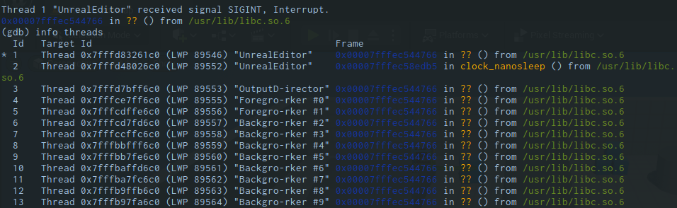After halting execution on the command line with Ctrl+C you can get a list of all of the application's running threads. Multiple threads currently sleeping or waiting for an event can often be seen sitting on the same instruction as each other within libc.
